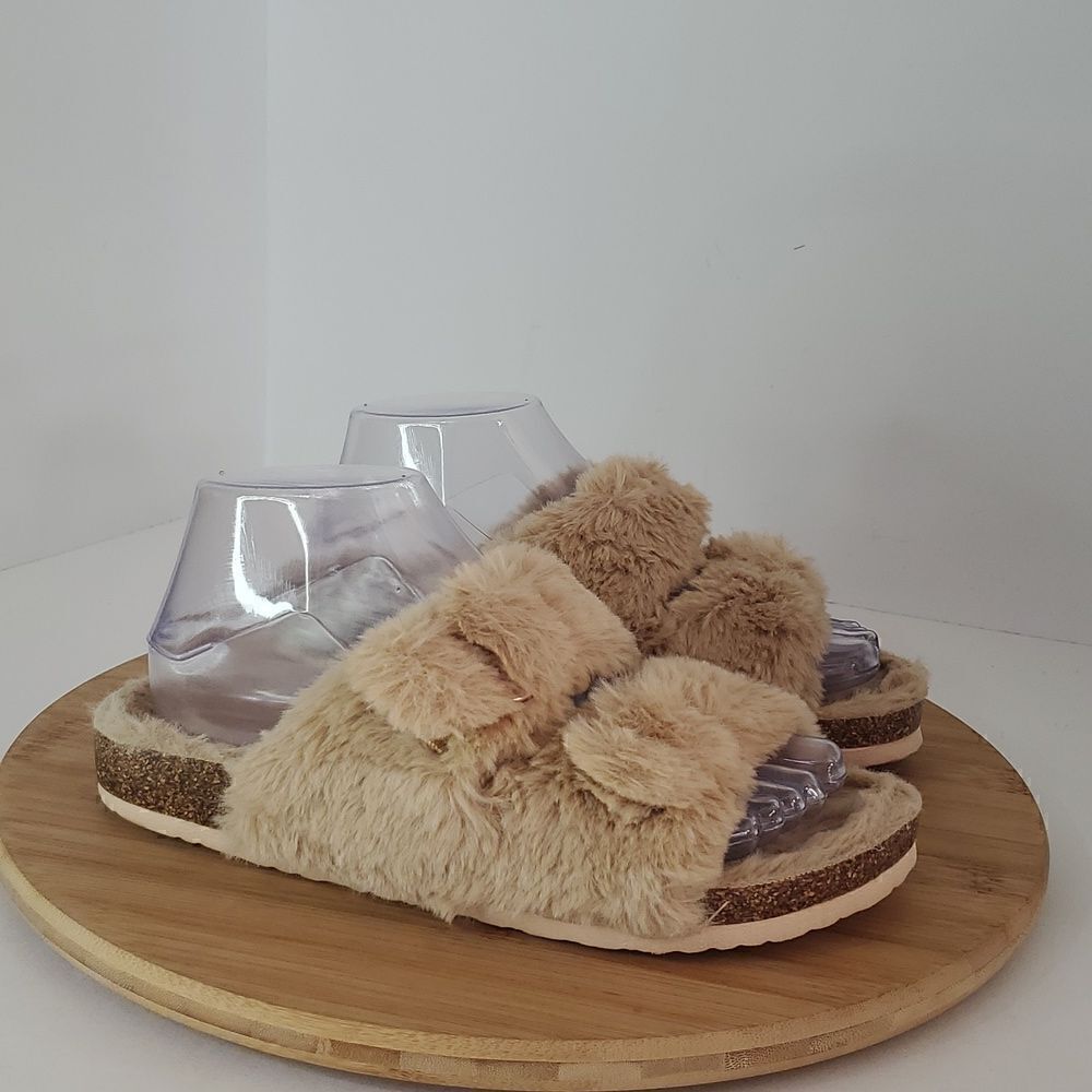 Fitory Faux Rabbit Fur Open Toe Slippers Cork Slide Sandals Beige Women's Size 7